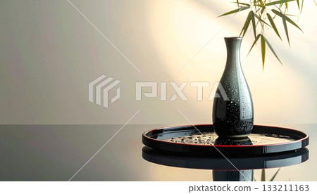 清酒、酒杯和秋葉 133211163