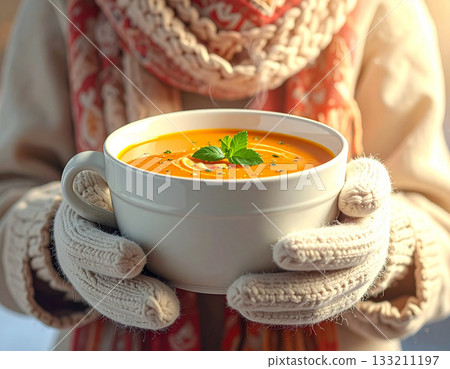 A bowl of soup wears a scarf and mittens, keeping warm for World Food Day in chilly weather. 133211197