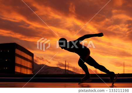 A silhouetted speed skater extending powerfully on a straightaway, muscles defined against a dramatic sunset sky visible through arena windows. 133211198