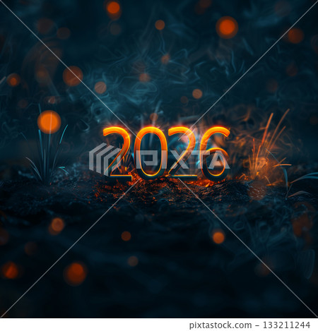 Bright glowing numbers show the year 2026 in a futuristic design 133211244