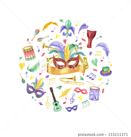 Watercolor attributes of Mardi Gras carnival illustration on isolated background. Music instruments, feather masks in traditional colors for masquerade party. Colorful round composition for poster. 133211371