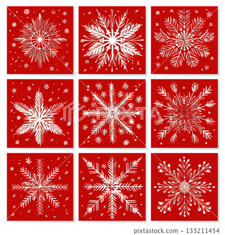 Elegant white snowflakes on vibrant red background for festive winter holiday card design 133211454