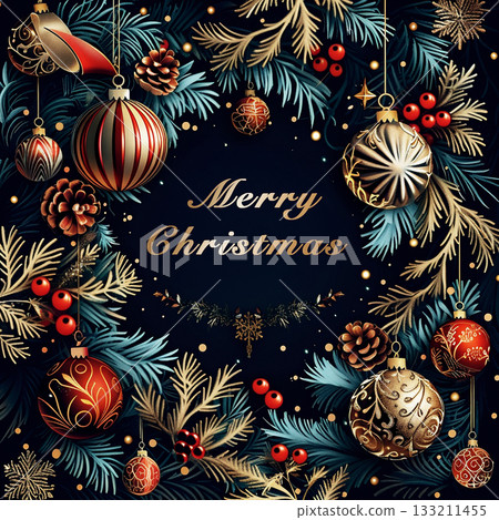 Festive Christmas card design featuring elegant ornaments and pine branches with copy space 133211455