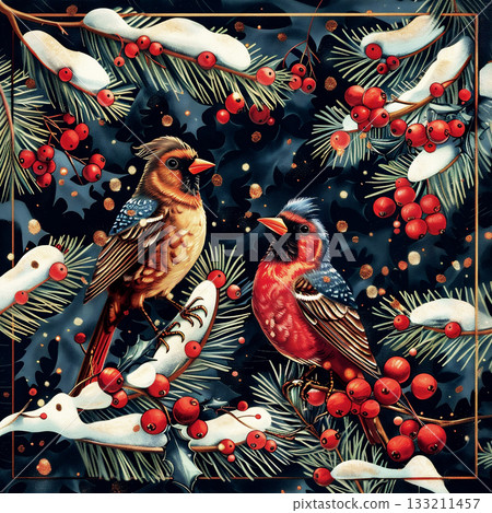 Colorful birds perched on evergreen branches with red berries for winter holiday card design Colorful birds perched on evergreen branches with red berries for winter holiday card design 133211457