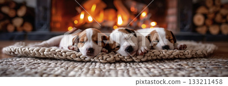Three sleeping puppies on a cozy rug in front of a warm fireplace with glowing flames 133211458