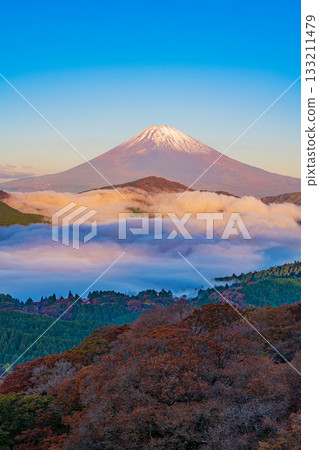 【神奈川縣】秋季的箱根大觀山，蘆之湖與富士山上空雲海翻騰。 133211479
