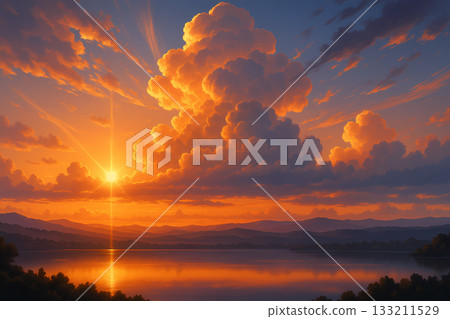 湖光山色，壯麗的日落和巨大的積雨雲倒映其中（動漫風格背景） 133211529