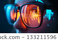Futuristic vision data waves reflected in smart glasses. Close-up of a person wearing smart glasses reflecting vibrant, orange data waveforms.  133211596