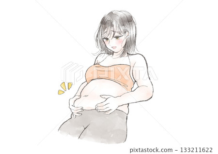 一幅描繪女性試圖透過捏住腹部來減肥的斜角插圖 133211622