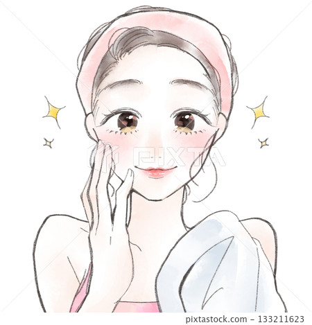 Illustration of a woman with a happy face after washing her face Illustration of a woman with a happy face after washing her face 133211623