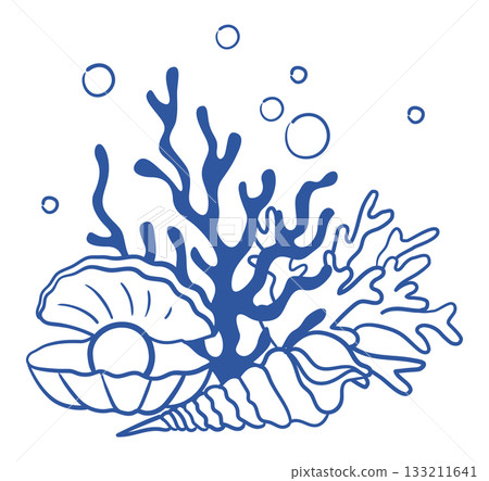 Vector hand-drawn graphic blue line art underwater composition with shells, pearl, coral and bubbles in Mediterranean style 133211641