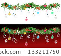 Fir branches and Christmas ornaments line 133211750