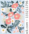 Korean January Flowers Vector Illustration of Winter Blooms: Camellia, Plum Blossom, and Narcissus  133211796