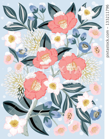 Korean January Flowers Vector Illustration of Winter Blooms: Camellia, Plum Blossom, and Narcissus  133211796