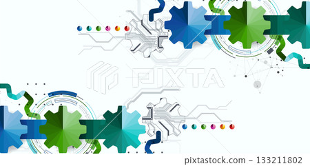 Stylized view of gears integrated with microcircuits. Concept of combining mechanics and electronics. Stylized view of gears integrated with microcircuits. Concept of combining mechanics and electronics. 133211802