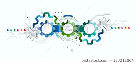 Stylized view of gears integrated with microcircuits. Concept of combining mechanics and electronics. Stylized view of gears integrated with microcircuits. Concept of combining mechanics and electronics. 133211804