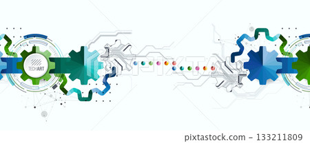 Stylized view of gears integrated with microcircuits. Concept of combining mechanics and electronics. 133211809