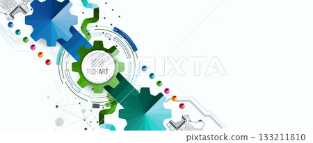 Stylized view of gears integrated with microcircuits. Concept of combining mechanics and electronics. 133211810