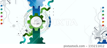 Stylized view of gears integrated with microcircuits. Concept of combining mechanics and electronics. 133211812