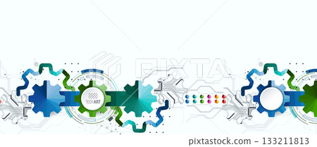 Stylized view of gears integrated with microcircuits. Concept of combining mechanics and electronics. 133211813
