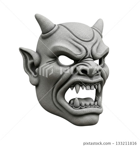 Stone gargoyle mask with horns and sharp teeth an architectural gothic sculpture element 133211816