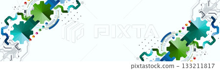 Stylized view of gears integrated with microcircuits. Concept of combining mechanics and electronics. 133211817