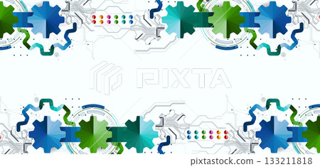 Stylized view of gears integrated with microcircuits. Concept of combining mechanics and electronics. 133211818