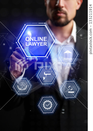 Professional man showcasing online lawyer services with legal icons in a modern setting Professional man showcasing online lawyer services with legal icons in a modern setting 133211914