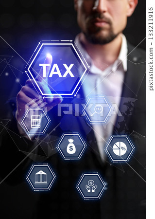Professional man interacting with tax-related digital icons in a modern office setting Professional man interacting with tax-related digital icons in a modern office setting 133211916