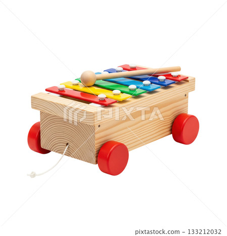 Wooden pull along xylophone toy with colorful metal keys and red wheels for musical kids 133212032