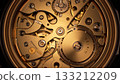Detailed view of a mechanical watch movement. Intricate mechanical watch movement showcasing a network of gears and wheels crafted from polished metal, likely brass, with a warm gold hue. 133212209