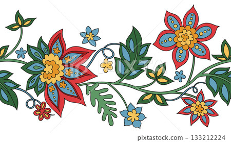 Seamless border in oriental style. Vector illustration with a folk style floral ornament. Seamless border in oriental style. Vector illustration with a folk style floral ornament. 133212224