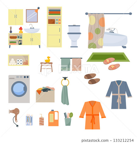 Bathroom furniture and accessories in a flat style, vector illustration. Concept of hygiene items and home laundry. 133212254