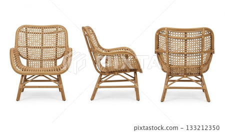 Bohemian style natural rattan armchair set with three views isolated on a white background 133212350