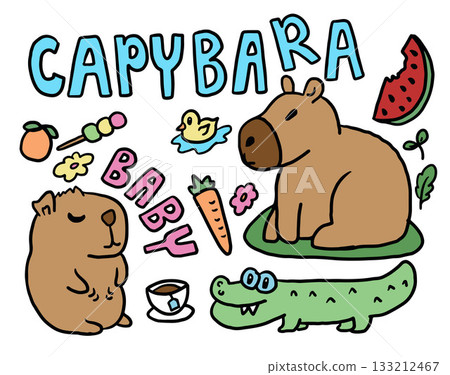 Cute hand drawn vector illustrations of capybara, carrot, duck, orange, watermelon, crocodile, tea cup, flowers for animal, zoo, decoration, stickers, kid drawing style, icon, patch, brooch, plush toy 133212467