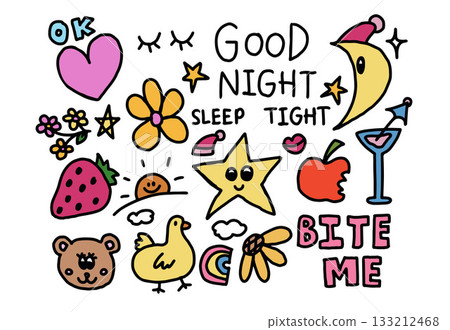 Cute hand drawn vector illustrations of moon, star, strawberry, flowers, heart, apple, sun, teddy bear, duck, rainbow for decoration, stickers, kid drawing style, icons, animal, patch, brooch, toy Cute hand drawn vector illustrations of moon, star, strawberry, flowers, heart, apple, sun, teddy bear, duck, rainbow for decoration, stickers, kid drawing style, icons, animal, patch, brooch, toy 133212468