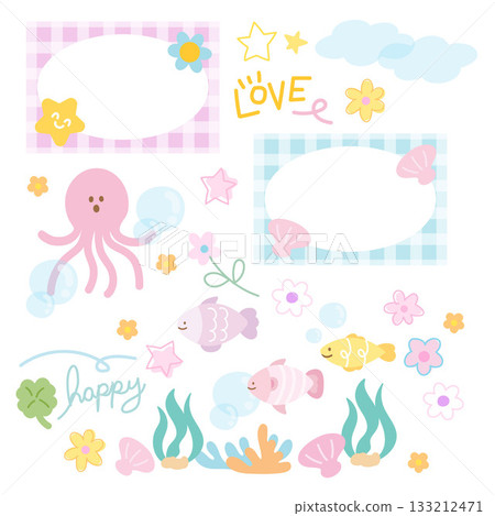 Pastel vector illustrations of sea lives such as fish, octopus, coral reef, seashell for under the sea template, aquarium, ocean, animal, zoo, souvenir shop, polaroid photo, post card, frame, banners 133212471