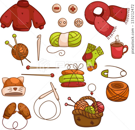 Cozy knitting set of elements. Vector illustration, needlework elements, yarn, knitting needles, knitted things Cozy knitting set of elements. Vector illustration, needlework elements, yarn, knitting needles, knitted things 133212472