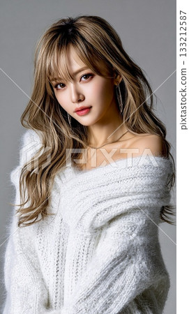 Portrait of a beautiful woman wearing a knitted knitwear - Winter fashion 133212587