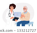 Doctor consulting an elderly man about arthritis. The physician reviews joint X-ray results on a digital tablet while the patient discusses symptoms such as stiffness or hand pain. 133212727