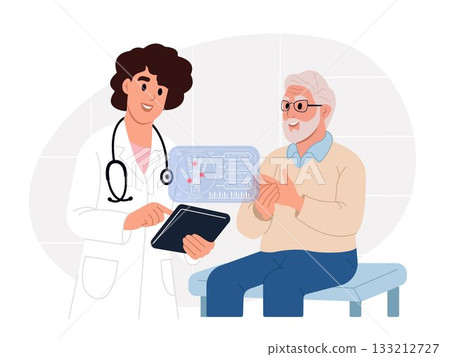 Doctor consulting an elderly man about arthritis. The physician reviews joint X-ray results on a digital tablet while the patient discusses symptoms such as stiffness or hand pain. 133212727