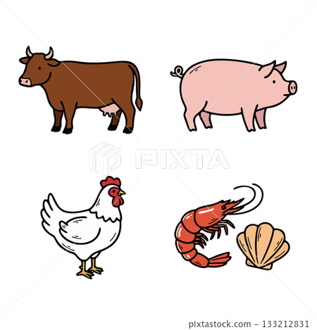 牛、豬肉、雞肉和海鮮圖標集 133212831