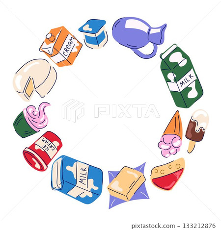 Wreath with dairy product milk, cheese, butter, yogurt, cream and ice cream in flat style. 133212876