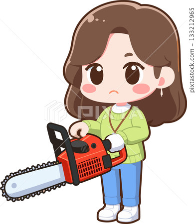 Illustration of a woman holding a chainsaw 133212965