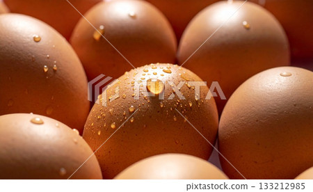 新鮮雞蛋的特寫，上面掛著水珠 133212985