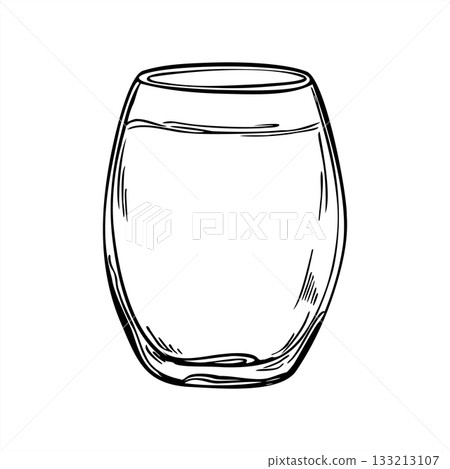 Full water glass monochrome vector isolated illustration painted by black inks. Juice, tonic or mocktail in transparent glassware etching drawing. Drink sketch for menu, poster, label 133213107