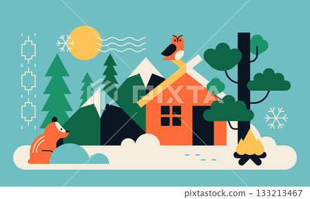 Winter in the village - colorful flat design style illustration 133213467
