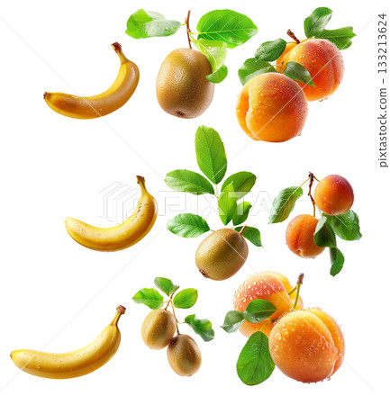 Set of banana, kiwi and apricot with dew drops and leaves isolated on white background 133213624