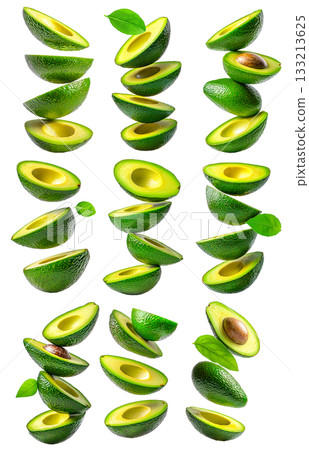 Set of avocado slices with green leaves isolated on white transparent background, concept of healthy food Set of avocado slices with green leaves isolated on white transparent background, concept of healthy food 133213625