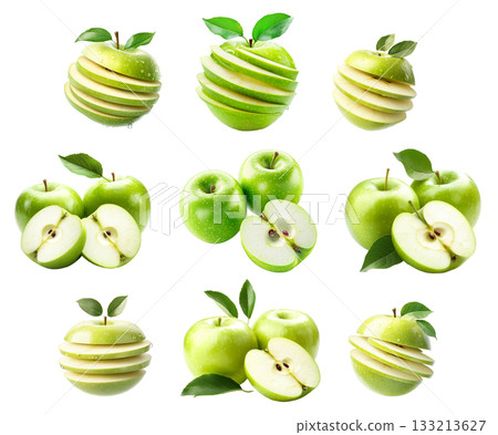 Set of green sliced apple with leaves and water droplets isolated on white transparent background, healthy fruits Set of green sliced apple with leaves and water droplets isolated on white transparent background, healthy fruits 133213627